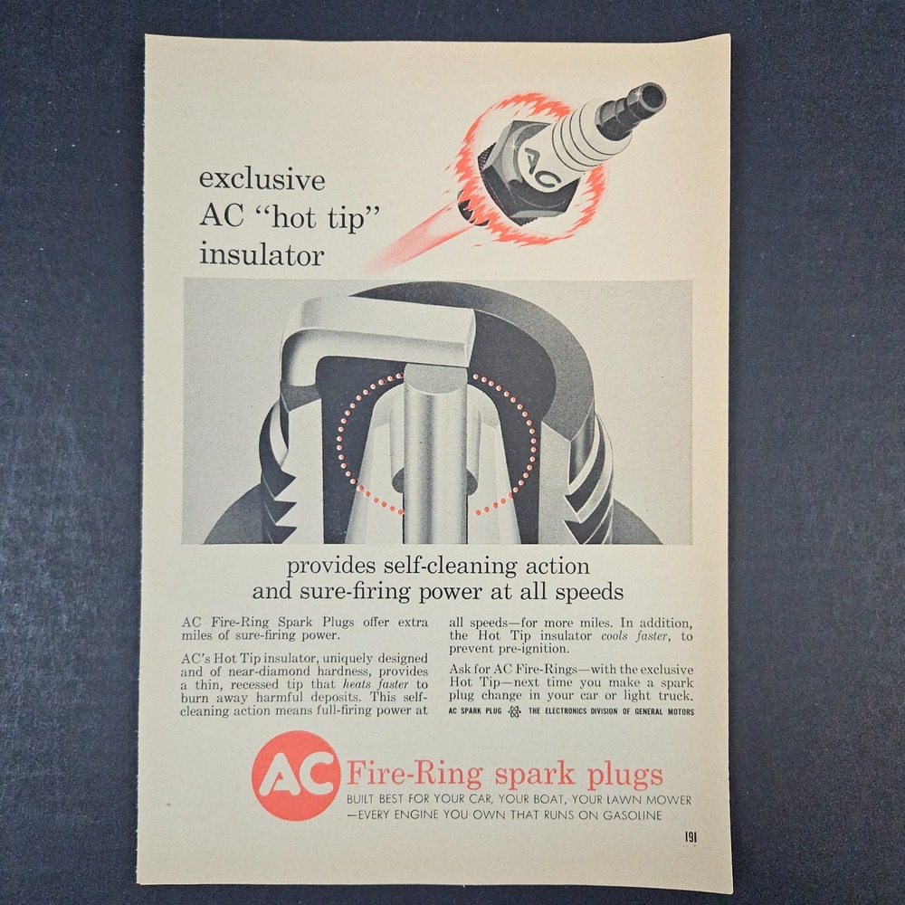 1961‎ AC Fire-Ring Spark Plugs Vintage Print Ad Electronics Division GM Hot Tip